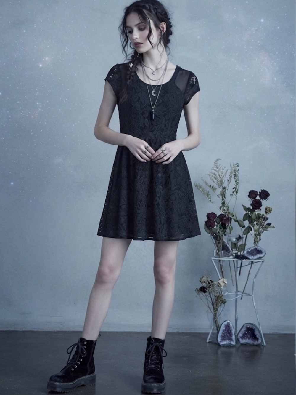 UO Coincidence & Chance Black Lace Mini Dress Cap Sleeve Mesh Whimsigoth Goth XS